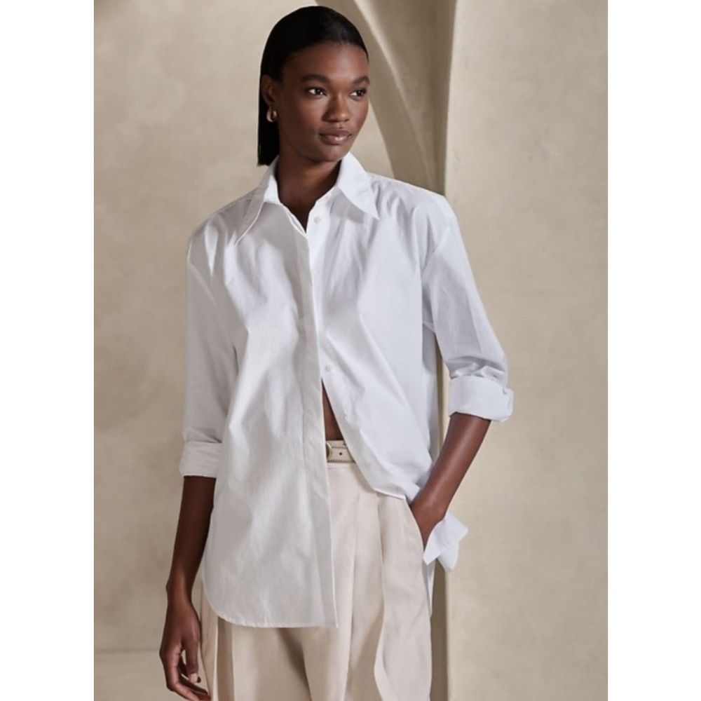 Banana Republic Crisp Cotton Oversized Tie-Waist White Button Down Shirt SMALL